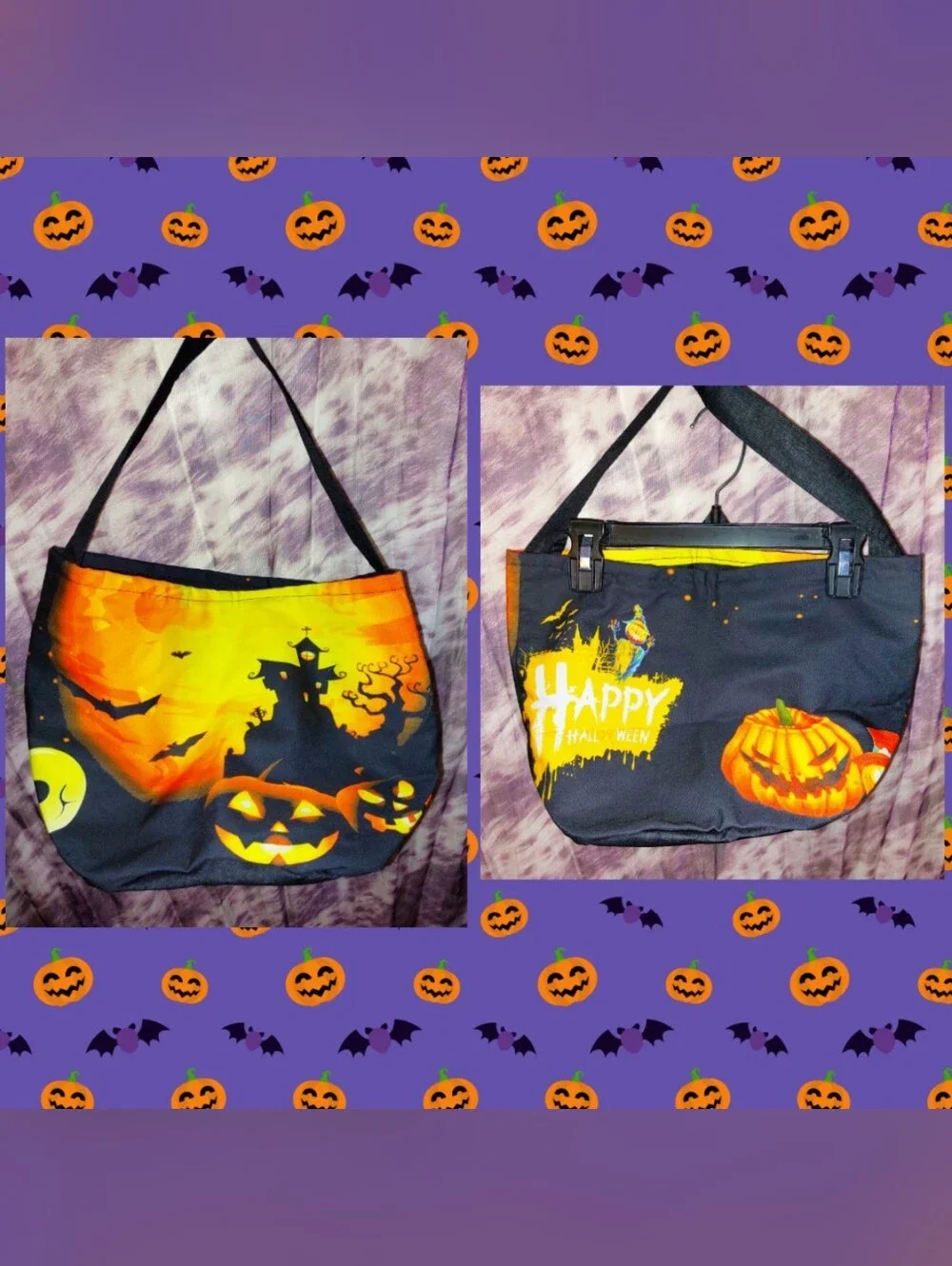 M/L Sz Blk/Multiclr Halloween Reusable Trick or Treat Fabric Bucket w/LED Lights